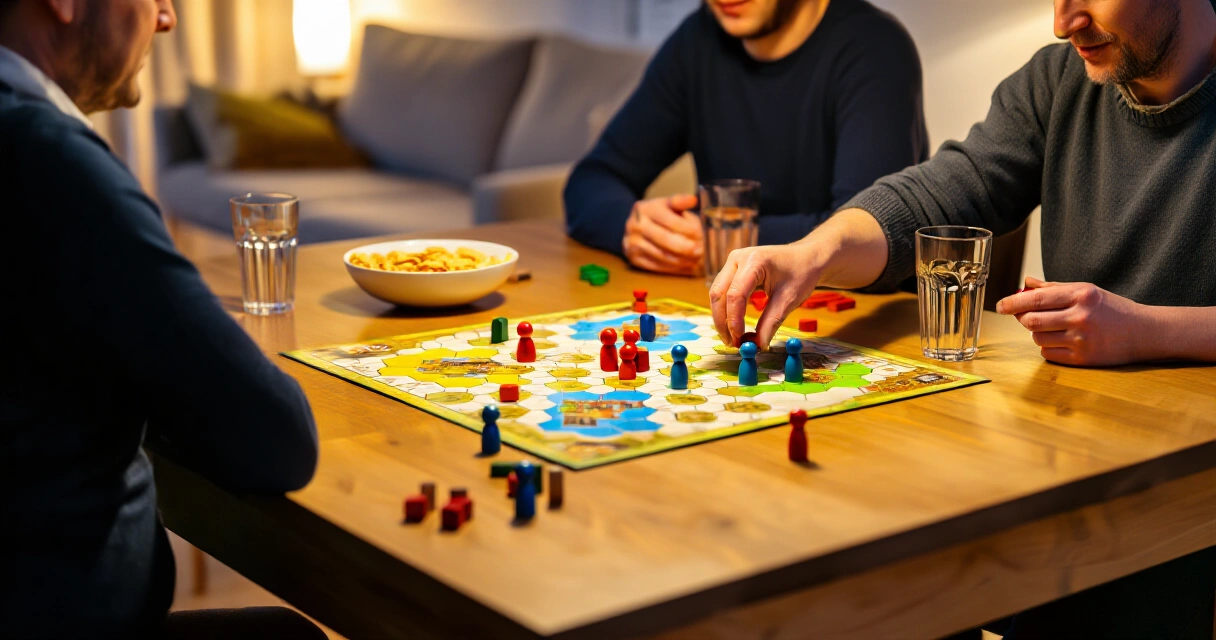 Aikuiset pelaavat lautapeliä puupöydän ääressä lämpimässä iltavalossa