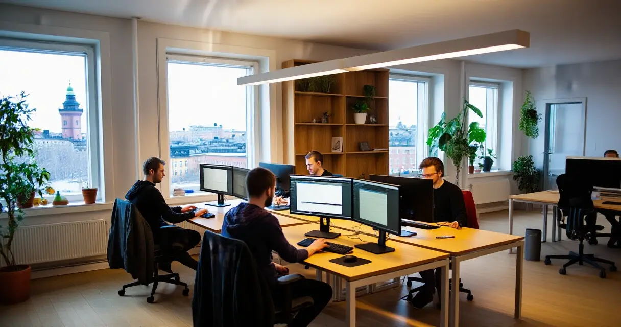 Pelikehitystiimi työskentelee modernissa studiossa Helsingissä