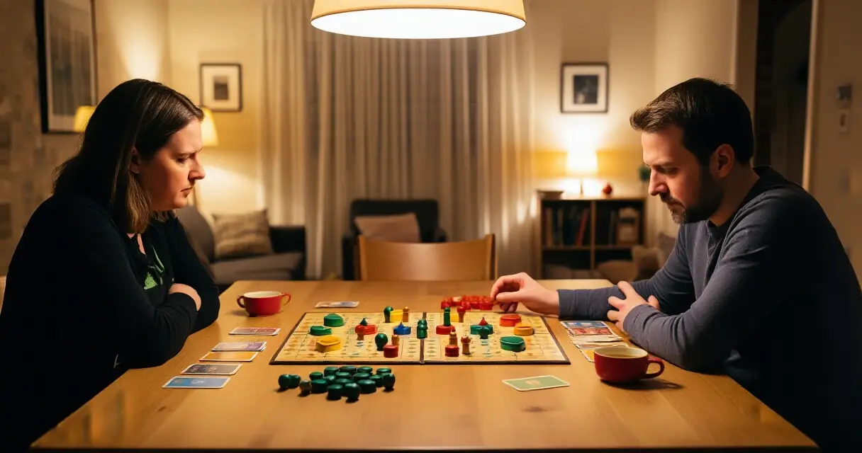 Kaksi aikuista pelaa kaksinpeliä strategialautapelin äärellä kotona