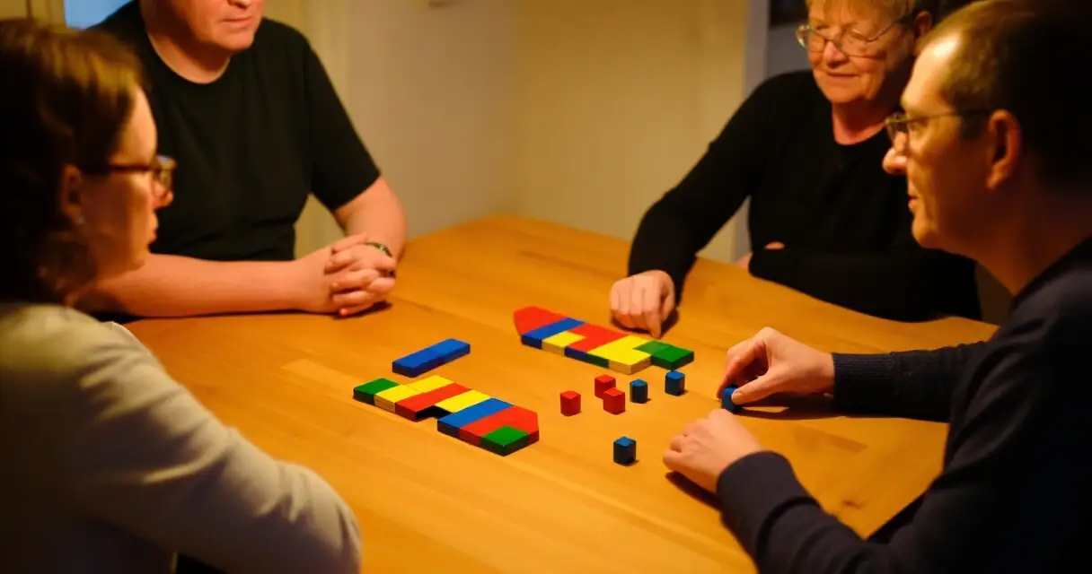 Aikuiset pelaavat kevyttä strategialautapeliä peli-illassa puisen pöydän ääressä