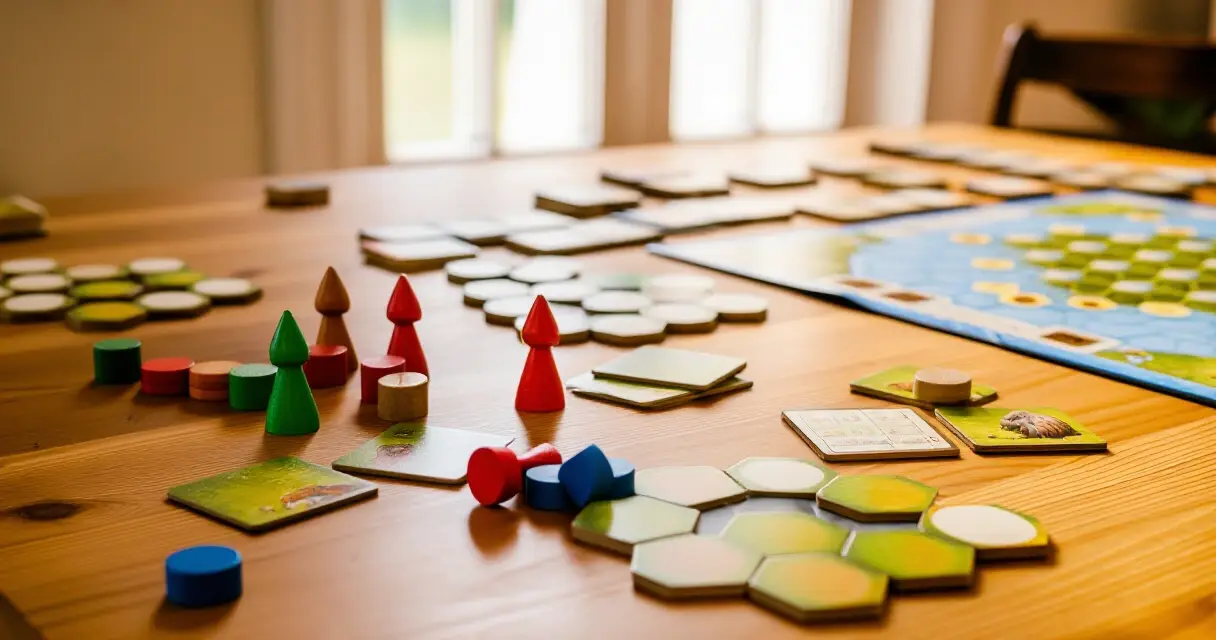Eurogame-komponentteja pelip&ouml;yd&auml;ll&auml;: puiset resurssit, laput ja meeple-hahmot