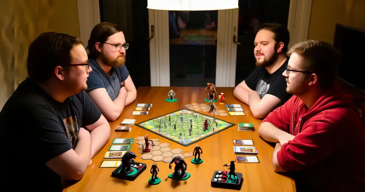 Neljä pelaajaa pelaamassa Gloomhaven: Jaws of the Lion -lautapeliä kotona