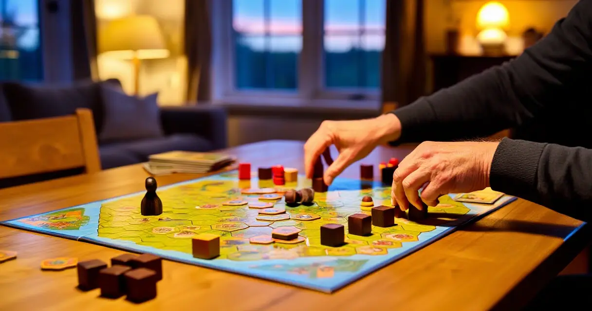 Eurogame-tyylinen lautapeli pöydällä resurssikuutioineen ja pelilaattoineen