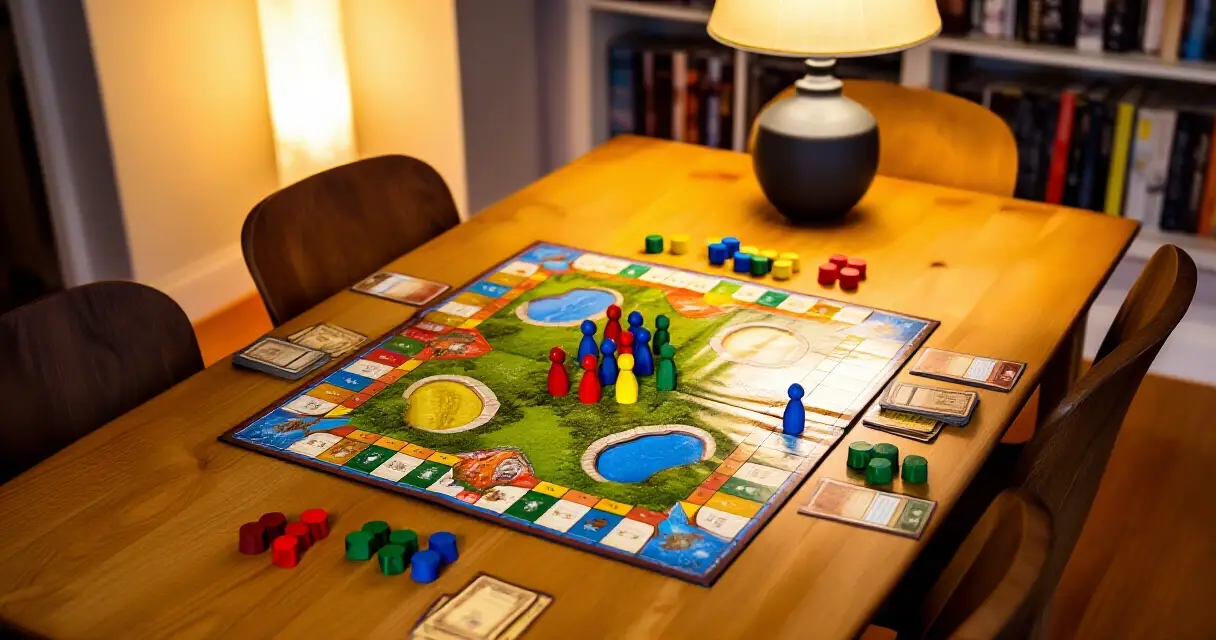 Monimutkainen eurogame valmiina pelattavaksi puupöydällä, pelinappulat ja resurssit aseteltuna